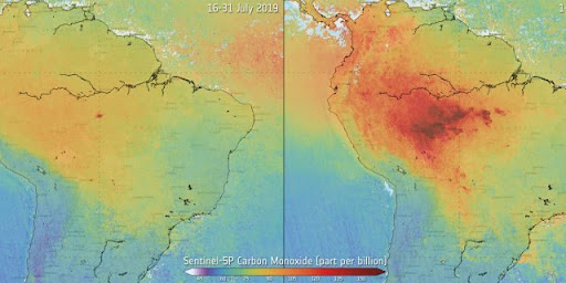 The data above shows the carbon monoxide levels present in the air over the Amazon. Between July and August of 2019 the carbon monoxide levels increased exponentially in the area, with over 100,00 fires.