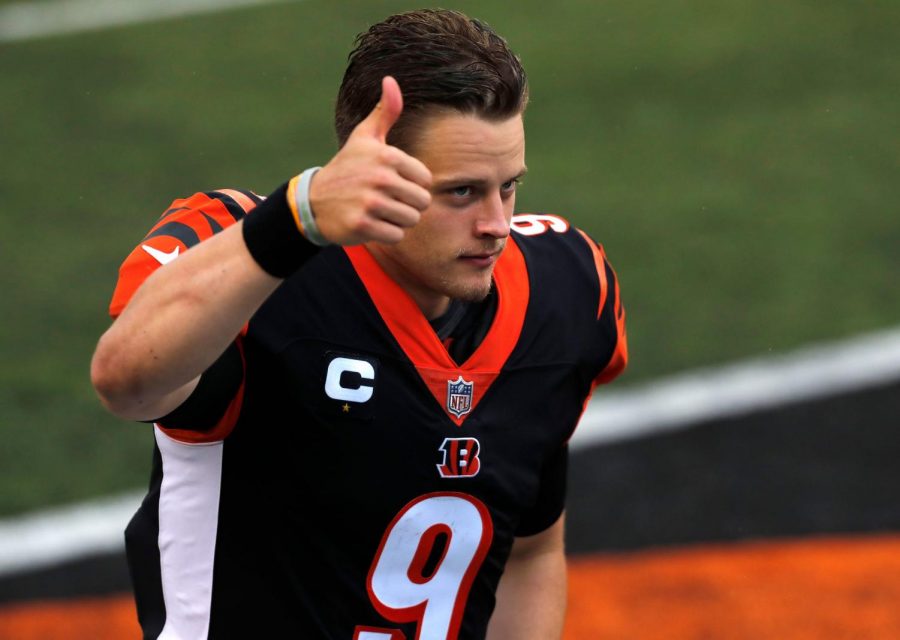 Bengals QB Joe Burrow gives a thumbs up to the limited fans at Paul Brown Stadium after his first NFL win.