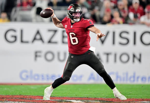 TAMPA, FLORIDA - JANUARY 15: Baker Mayfield #6 of the Tampa Bay Buccaneers throws a pass against the Philadelphia Eagles during the third quarter in the NFC Wild Card Playoffs at Raymond James Stadium on January 15, 2024 in Tampa, Florida. (Photo by Julio Aguilar/Getty Images)