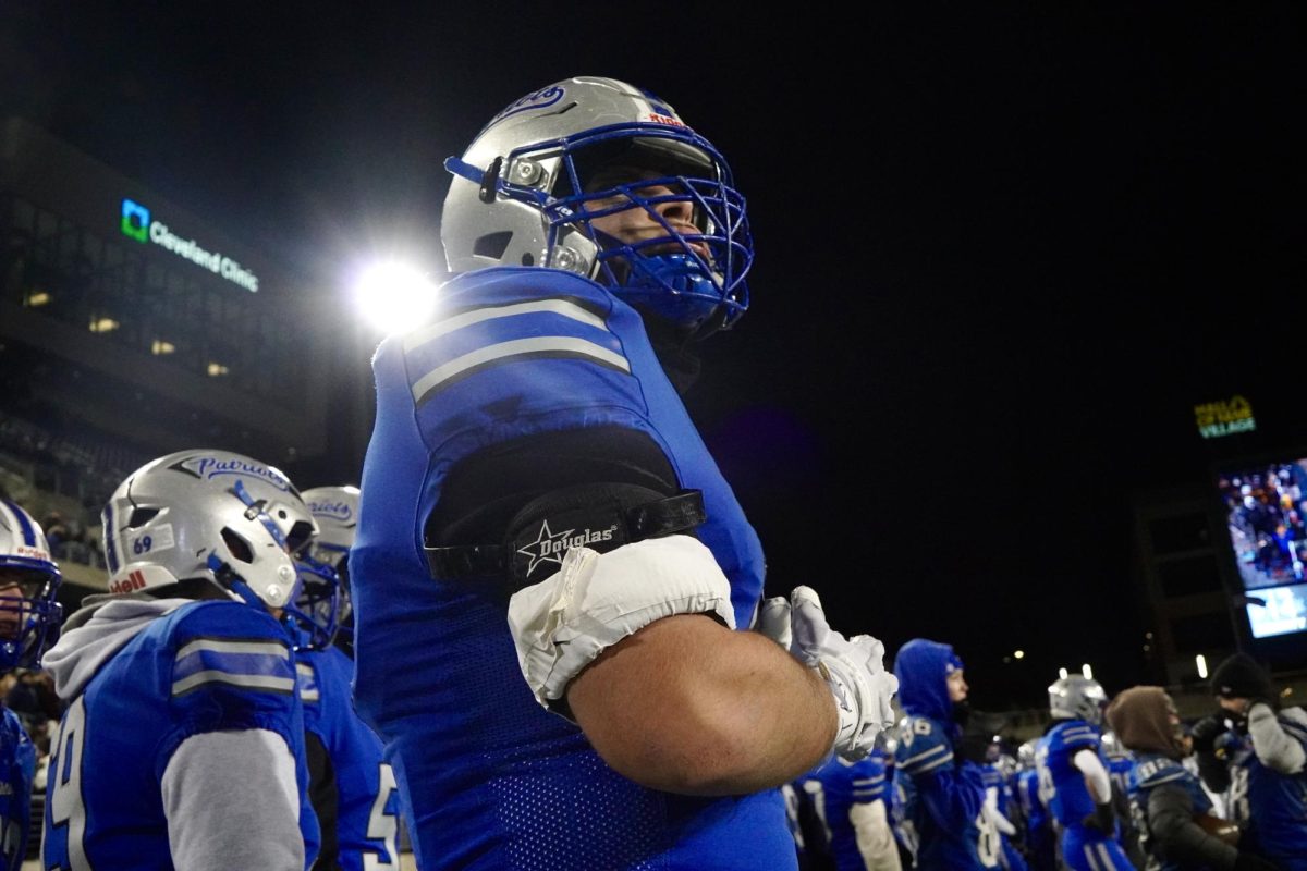 Senior defensive lineman Charlie Donehue watches the offense go to work. Donehue helped limit the Mr Ohio Football Player of the Year and Crusaders Quarterback Matt Ponatoski to just 110 passing yards. "Football has allowed me to be a leader and role model to the underclassmen," Donahue said.