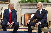 President Joe Biden greets President-elect Donald Trump, Wednesday, November 13, 2024, in the Oval Office.  (Official White House Photo by Cameron Smith)