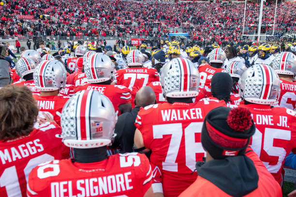 COLUMBUS, OHIO - NOVEMBER 30: A general shot of Ohio State players confronting Michigan Wolverines players after a college football game at Ohio Stadium on November 30, 2024 in Columbus, OH. The Michigan Wolverines won the game 13-10. (Photo by Aaron J. Thornton/Getty Images)