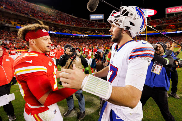 KANSAS CITY, MISSOURI - DECEMBER 10: Patrick Mahomes #15 of the Kansas City Chiefs and Josh Allen #17 of the Buffalo Bills after an NFL football game against the Buffalo Bills at GEHA Field at Arrowhead Stadium on December 10, 2023 in Kansas City, Missouri. (Photo by Ryan Kang/Getty Images)