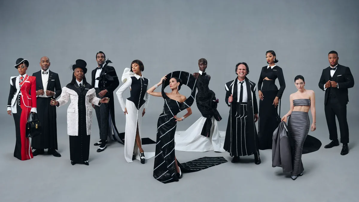 Janelle Monáe, Paul Tazewell, Whoopi Goldberg, Tramell Tillman, Zoe Saldaña, Demi Moore, Anok Yai, Walton Goggins, Angel Reese, Lorde and Saquon Barkley in their Met Gala looks designed by Thom Brown. 