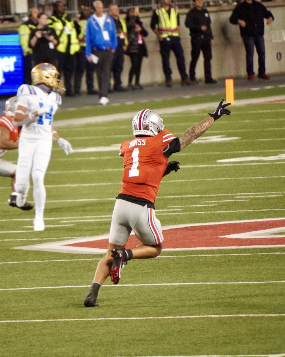 Junior wide receiver Brandon Inniss celebrates after teammate Caden Curry blocked the UCLA punt. With Tate and Smith out, Inniss saw more opportunities, and set his career-high of 30 receiving yards on 6 catches.