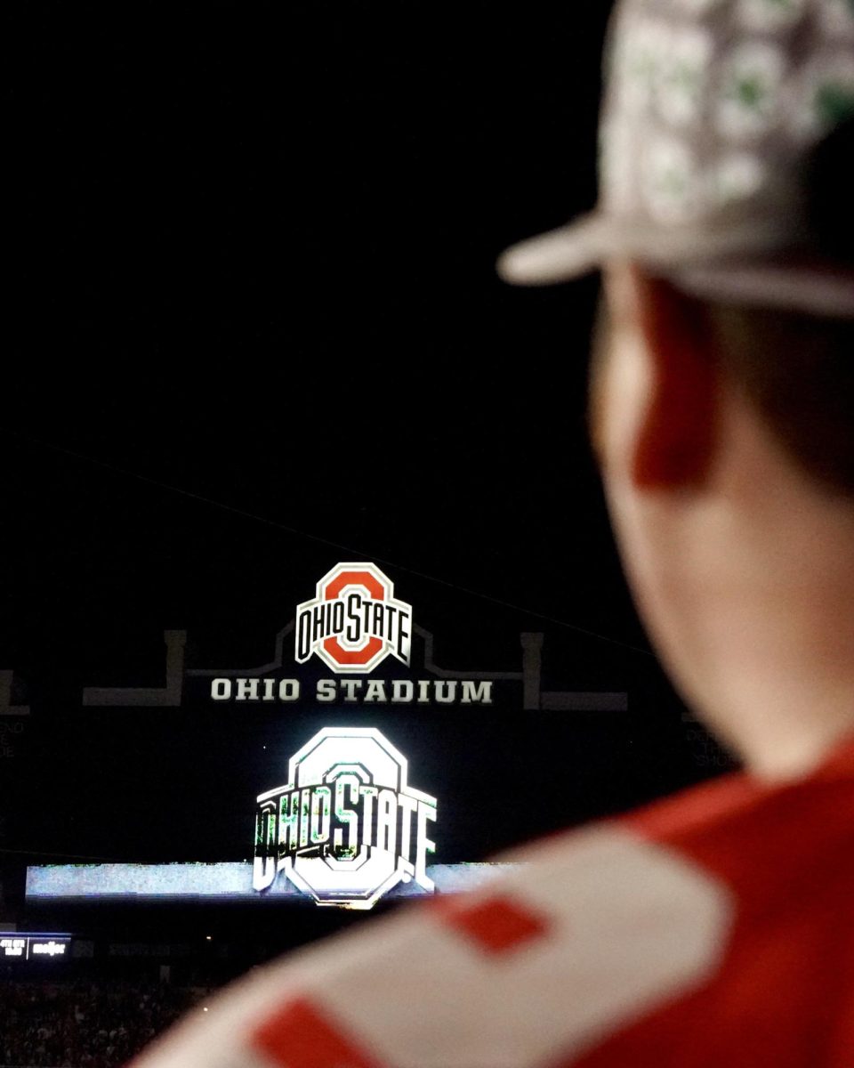 An Ohio State fan looks at the Buckeyes logo in Ohio Stadium. The Buckeyes beat UCLA 48-10.