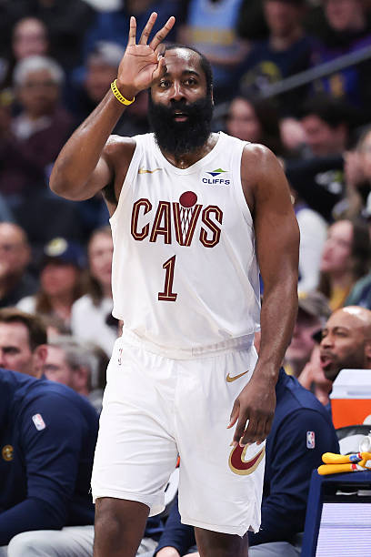 DENVER, COLORADO - FEBRUARY 9: James Harden #1 of the Cleveland Cavaliers gestures to the referee after drawing a foul during the second quarter of the game against the Denver Nuggets at Ball Arena on February 9, 2026 in Denver, Colorado. NOTE TO USER: User expressly acknowledges and agrees that, by downloading and or using this photograph, User is consenting to the terms and conditions of the Getty Images License Agreement. (Photo by Chris Swann/Clarkson Creative/Getty Images)