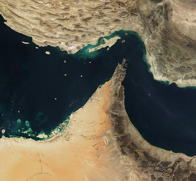 A satellite image capturing the Strait of Hormuz. The closing of the strait by Iran in the wake of war threatens economic uncertainty. 